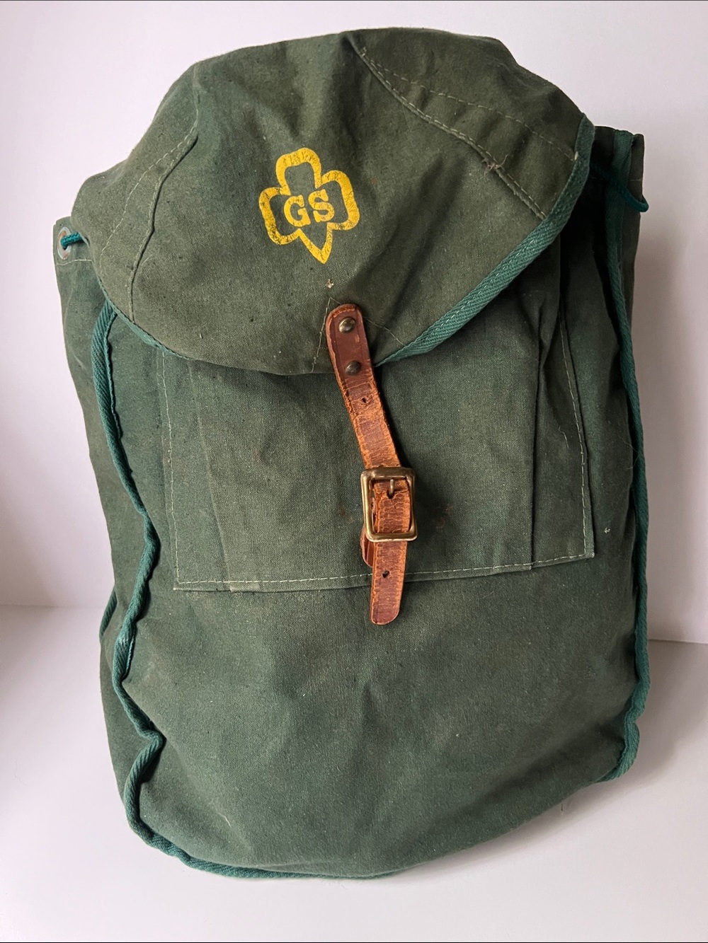 Vintage Girl Scouts Green Canvas Backpack with Yellow GS Emblem